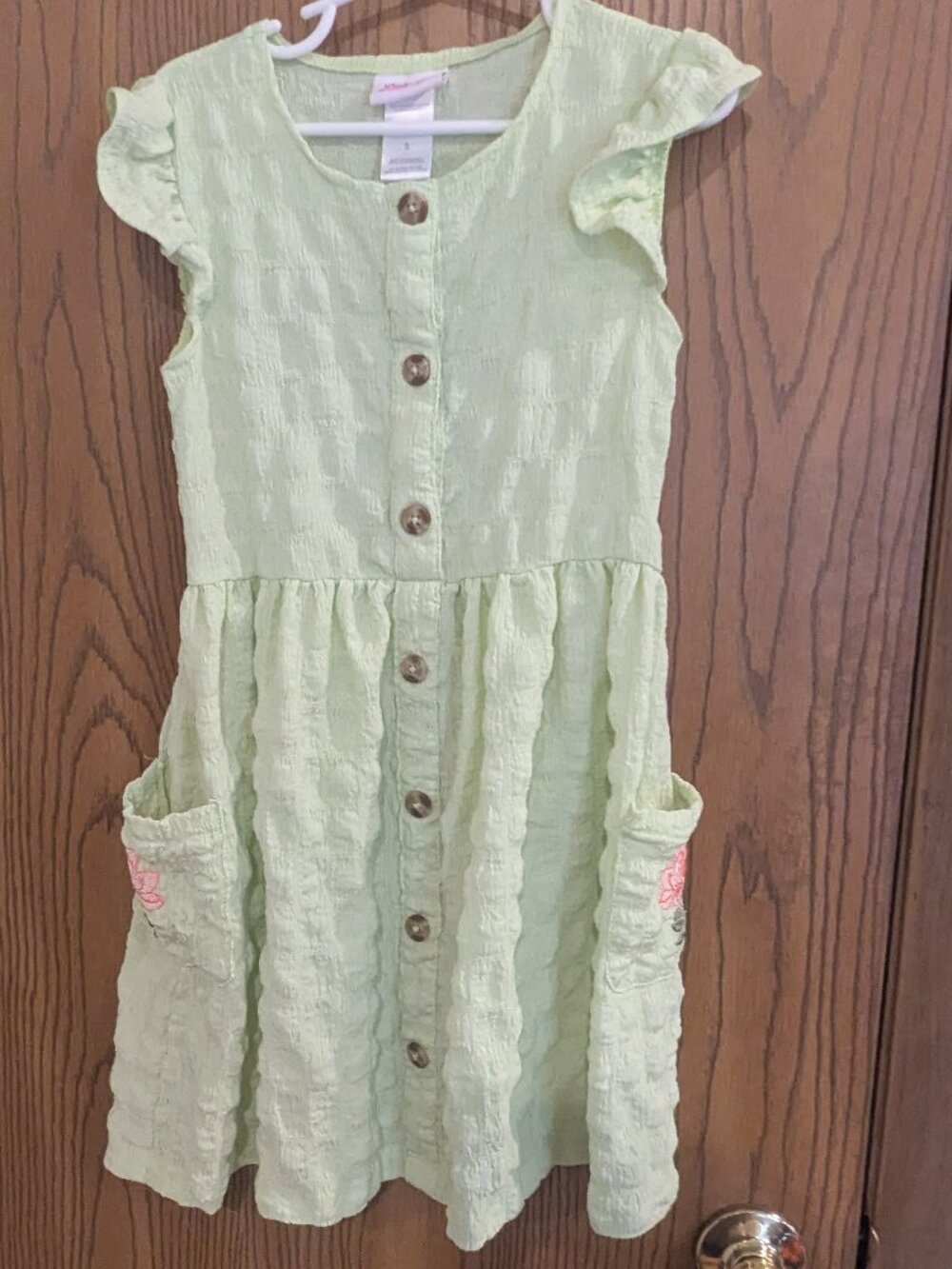 Little Lass Ruffle Sleeve Button Down Sundress Ebroidered Flower Pockets-5